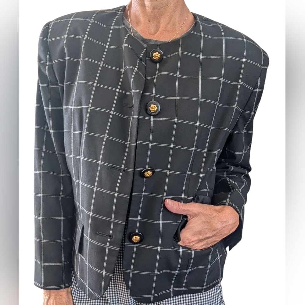 Vintage 90s Black Windowpane Gold Button Collarless Career Blazer 10